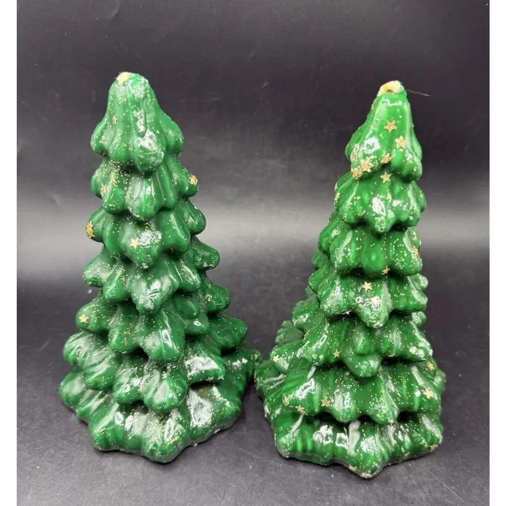 VTG Gurley 2 Green Christmas Tree Candles Gold Stars Holiday Decor 8